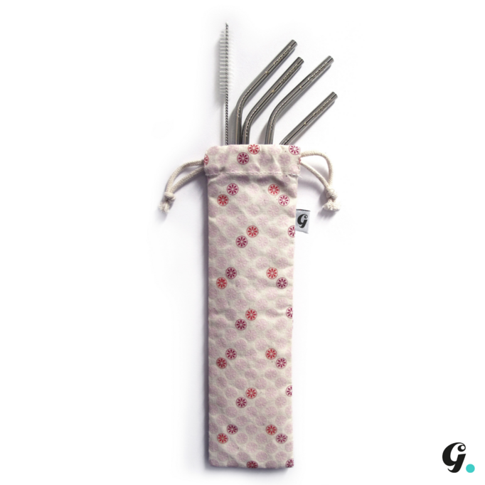 Pailles coudées en inox avec goupillon et pochette - set de 4 pailles
